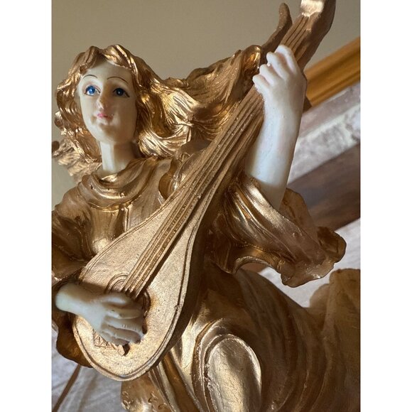 Vintage Gold Angel Figurine Playing Lute – Resin Holiday Decor, Musical Angel - Picture 7 of 16